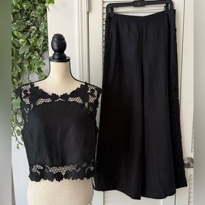 Zimmermann Black Linen Lace Wide-Leg Pants & Crop Top Set Sz M